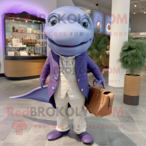 Lavender Whale mascot costume character dressed with a Dress Shirt and Messenger bags