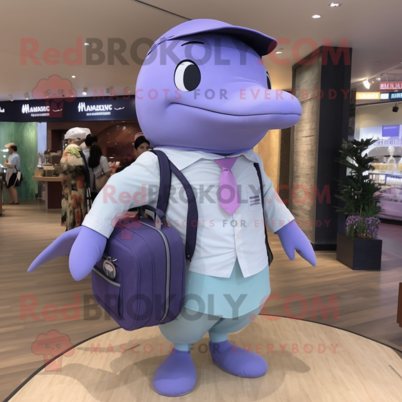 Lavender Whale mascot costume character dressed with a Dress Shirt and Messenger bags