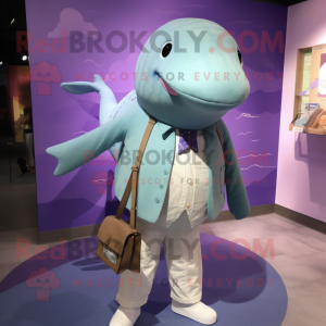 Lavender Whale mascot costume character dressed with a Dress Shirt and Messenger bags