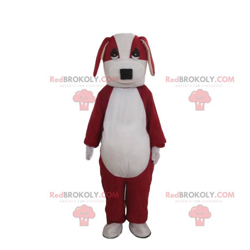 Red and white dog mascot, two-tone doggie costume -