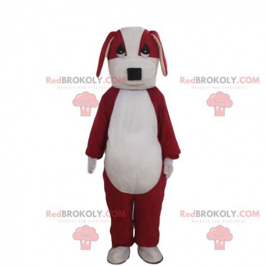 Red and white dog mascot, two-tone doggie costume -