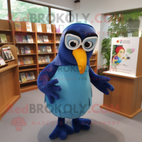 Blue Toucan mascot costume character dressed with a Dress and Reading glasses