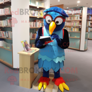 Blue Toucan mascot costume character dressed with a Dress and Reading glasses