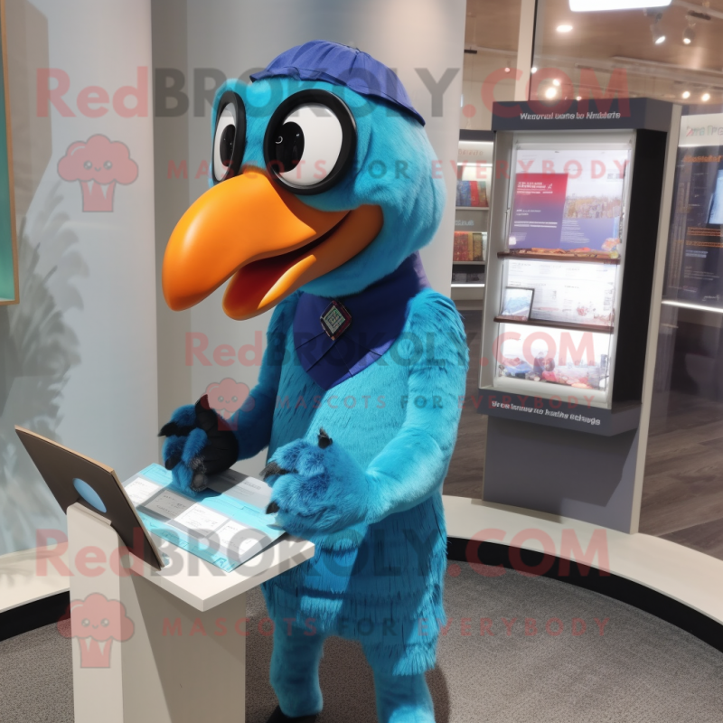 Blue Toucan mascot costume character dressed with a Dress and Reading glasses Blue Toucan mascot costume character dressed with a Dress and Reading glasses