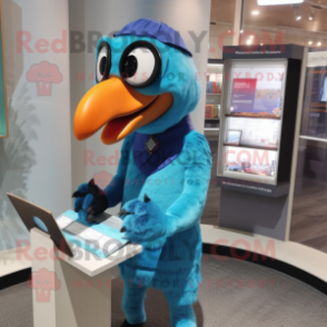 Blue Toucan mascot costume character dressed with a Dress and Reading glasses