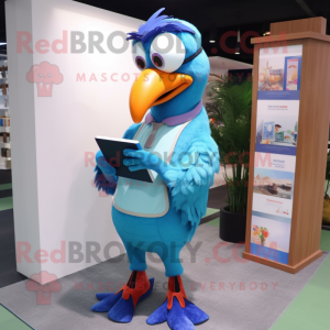 Blue Toucan mascot costume character dressed with a Dress and Reading glasses