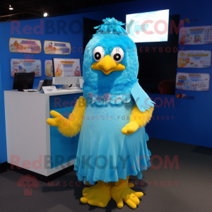 Cyan Butter Chicken mascot costume character dressed with a Mini Dress and Scarf clips