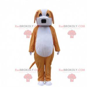 Mascotte de chien orange et blanc, costume de toutou bicolore -