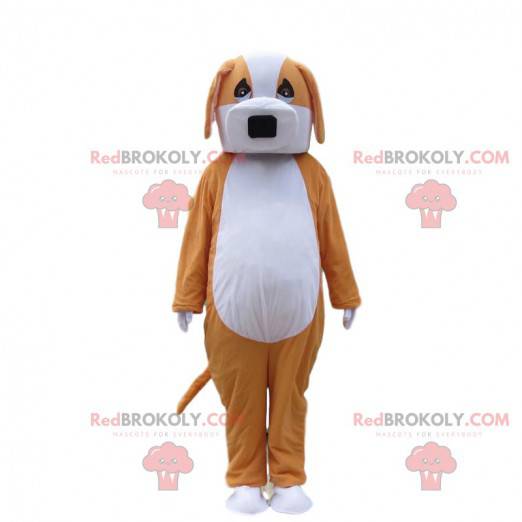 Mascotte de chien orange et blanc, costume de toutou bicolore -