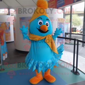 Cyan Butter Chicken mascot costume character dressed with a Mini Dress and Scarf clips