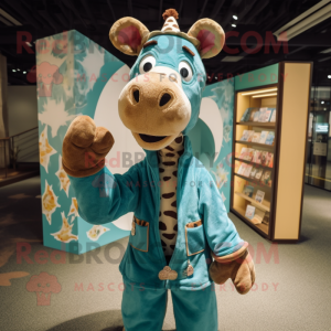 Teal Giraffe mascot costume character dressed with a Corduroy Pants and Shawls