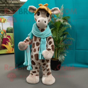 Teal Giraffe mascot costume character dressed with a Corduroy Pants and Shawls