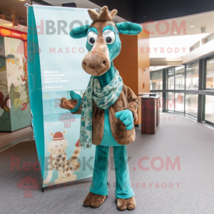 Teal Giraffe mascot costume character dressed with a Corduroy Pants and Shawls