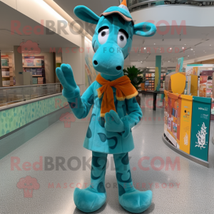 Teal Giraffe mascot costume character dressed with a Corduroy Pants and Shawls