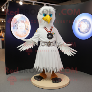 White Eagle mascot costume character dressed with a Circle Skirt and Lapel pins