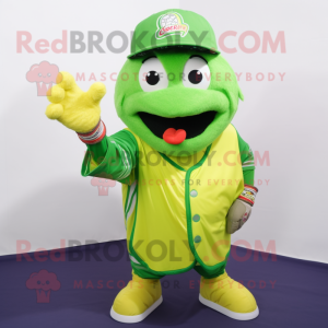 Lime Green Baseball Glove mascot costume character dressed with a Waistcoat and Shawl pins