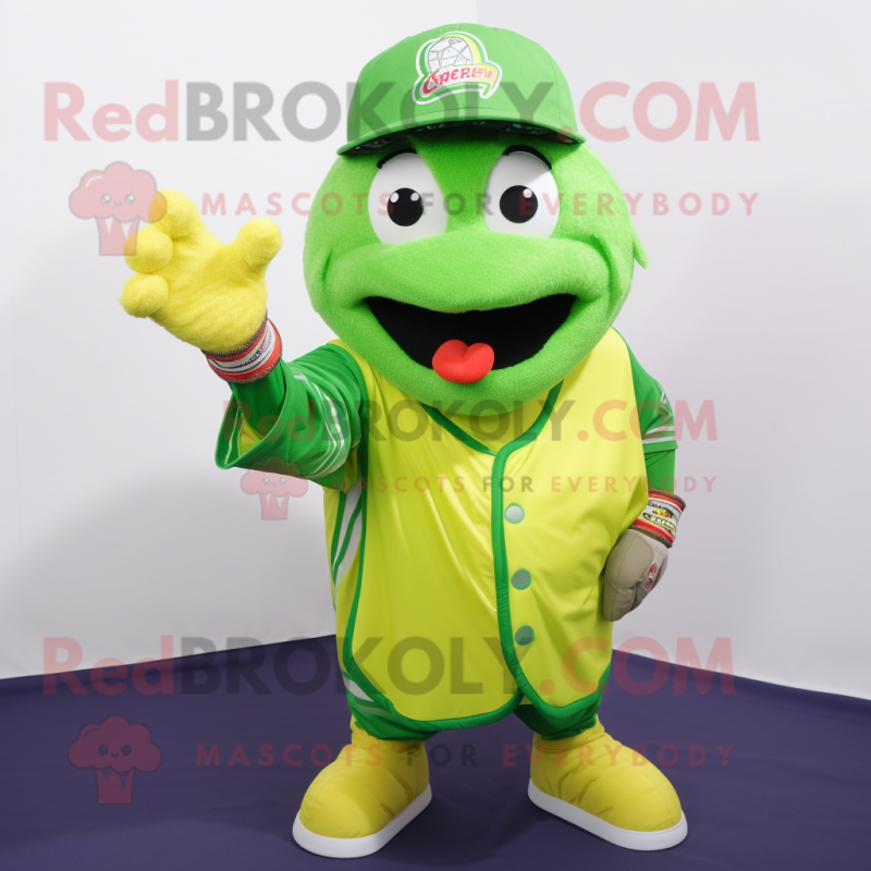Lime Green Baseball Glove mascot costume character dressed with a Waistcoat and Shawl pins Lime Green Baseball Glove mascot costume character dressed with a Waistcoat and Shawl pins