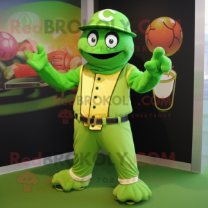 Lime Green Baseball Glove mascot costume character dressed with a Waistcoat and Shawl pins