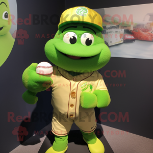 Lime Green Baseball Glove mascot costume character dressed with a Waistcoat and Shawl pins
