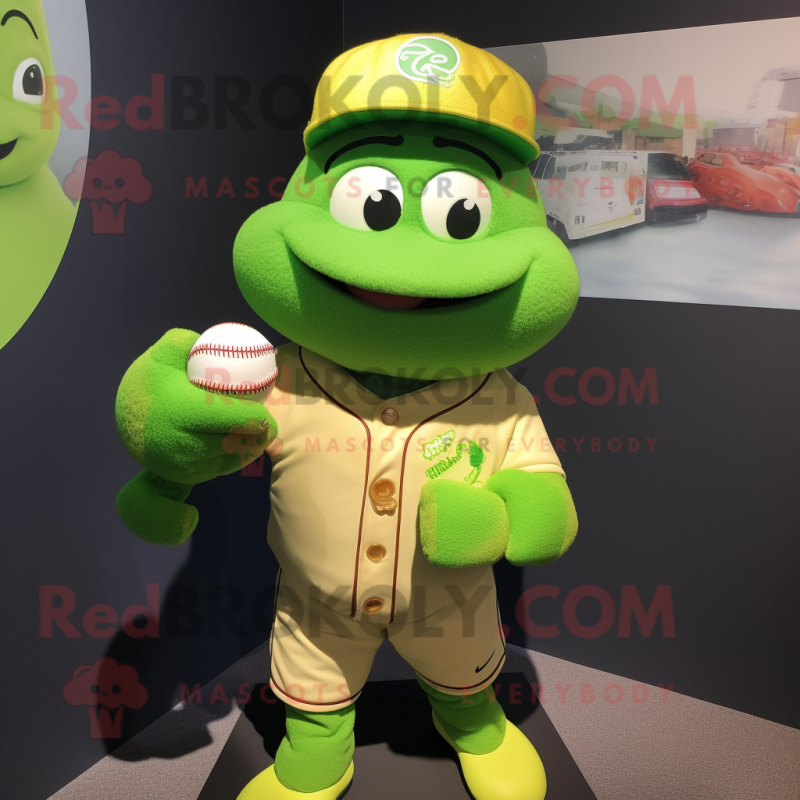 Lime Green Baseball Glove mascot costume character dressed with a Waistcoat and Shawl pins