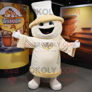 Cream Dim Sum mascot costume character dressed with a V-Neck Tee and Hat pins