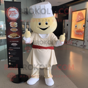 Cream Dim Sum mascot costume character dressed with a V-Neck Tee and Hat pins