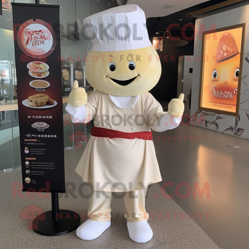 Cream Dim Sum mascot costume character dressed with a V-Neck Tee and Hat pins Cream Dim Sum mascot costume character dressed with a V-Neck Tee and Hat pins