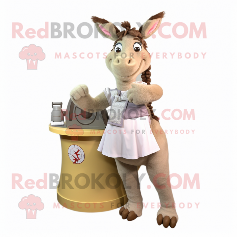 Beige Donkey mascot costume character dressed with a A-Line Skirt and Rings Beige Donkey mascot costume character dressed with a A-Line Skirt and Rings
