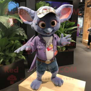 Purple Fruit Bat mascot costume character dressed with a Denim Shorts and Watches