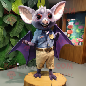 Purple Fruit Bat mascot costume character dressed with a Denim Shorts and Watches