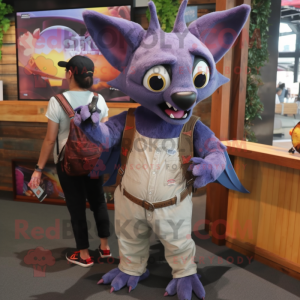 Purple Fruit Bat mascot costume character dressed with a Denim Shorts and Watches