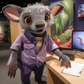 Purple Fruit Bat mascot costume character dressed with a Denim Shorts and Watches