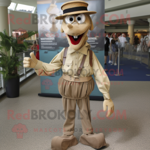 Tan Stilt Walker mascot costume character dressed with a Button-Up Shirt and Belts