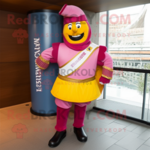 Pink Swiss Guard mascot costume character dressed with a Leather Jacket and Headbands