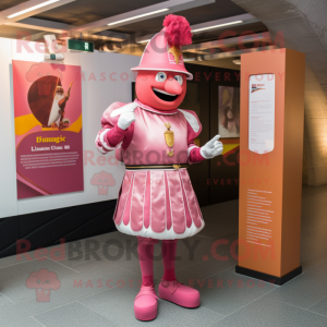 Pink Swiss Guard mascot costume character dressed with a Leather Jacket and Headbands