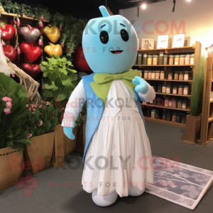 Sky Blue Radish mascot costume character dressed with a Wedding Dress and Belts