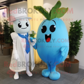 Sky Blue Radish mascot costume character dressed with a Wedding Dress and Belts