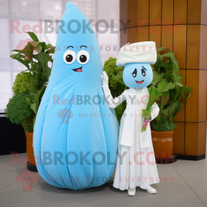 Sky Blue Radish mascot costume character dressed with a Wedding Dress and Belts