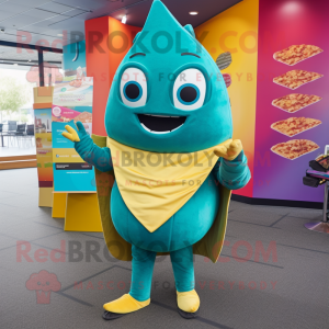 Teal Tacos mascot costume character dressed with a Leggings and Wallets