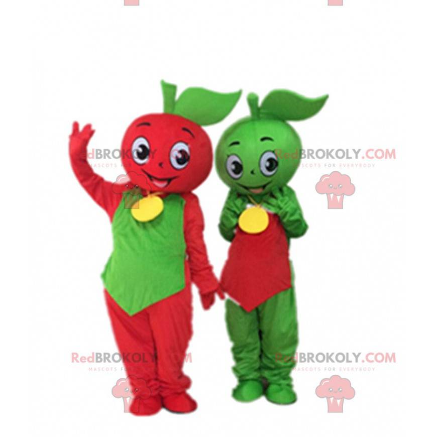 2 mascottes van groene en rode appels, appelkostuums -