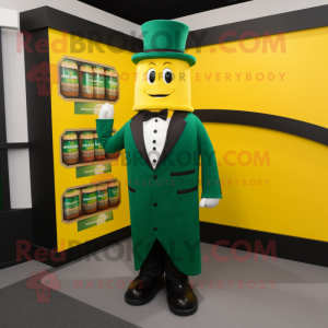 Green Bottle Of Mustard mascot costume character dressed with a Tuxedo and Belts