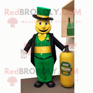 Green Bottle Of Mustard mascot costume character dressed with a Tuxedo and Belts