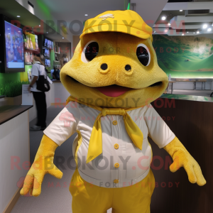 Gold Frog mascot costume character dressed with a Button-Up Shirt and Wraps