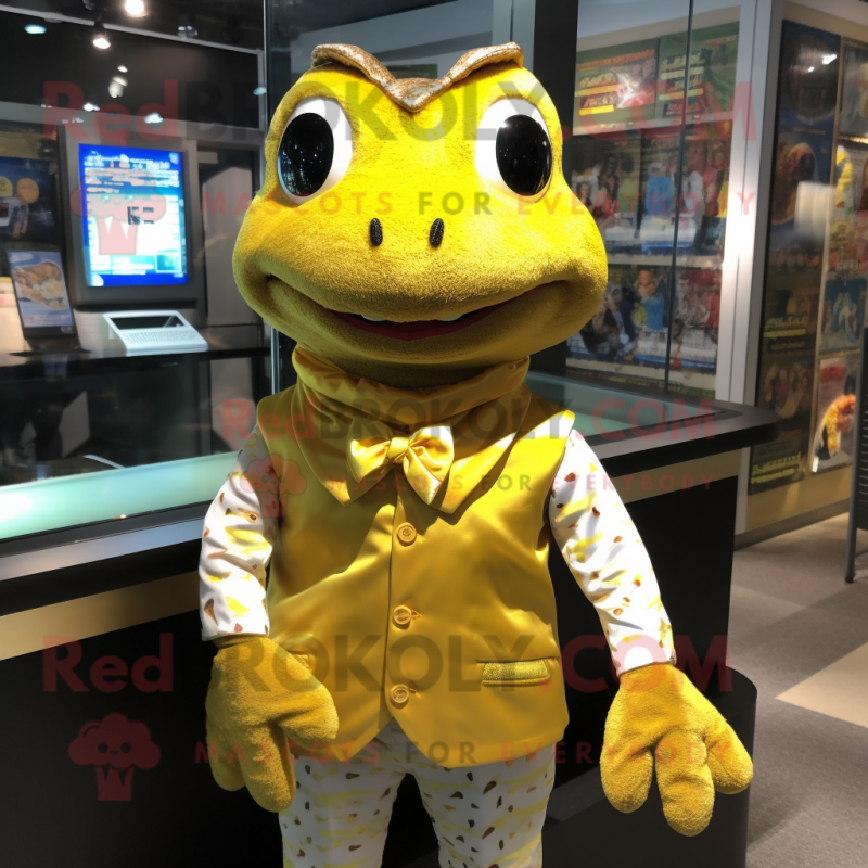 Gold Frog mascot costume character dressed with a Button-Up Shirt and Wraps Gold Frog mascot costume character dressed with a Button-Up Shirt and Wraps