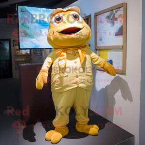 Gold Frog mascot costume character dressed with a Button-Up Shirt and Wraps