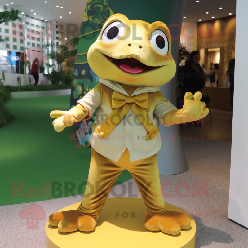 Gold Frog mascot costume character dressed with a Button-Up Shirt and Wraps Gold Frog mascot costume character dressed with a Button-Up Shirt and Wraps