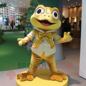 Gold Frog mascot costume character dressed with a Button-Up Shirt and Wraps