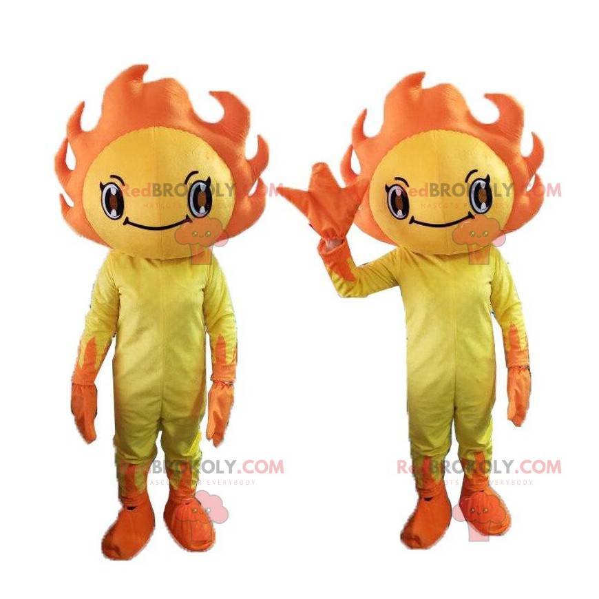 Mascote do sol amarelo e laranja, traje ensolarado -