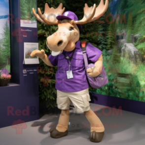 Purple Irish Elk mascot costume character dressed with a Cargo Shorts and Keychains