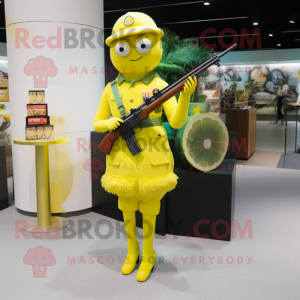 Lemon Yellow Sniper mascot costume character dressed with a Cocktail Dress and Brooches
